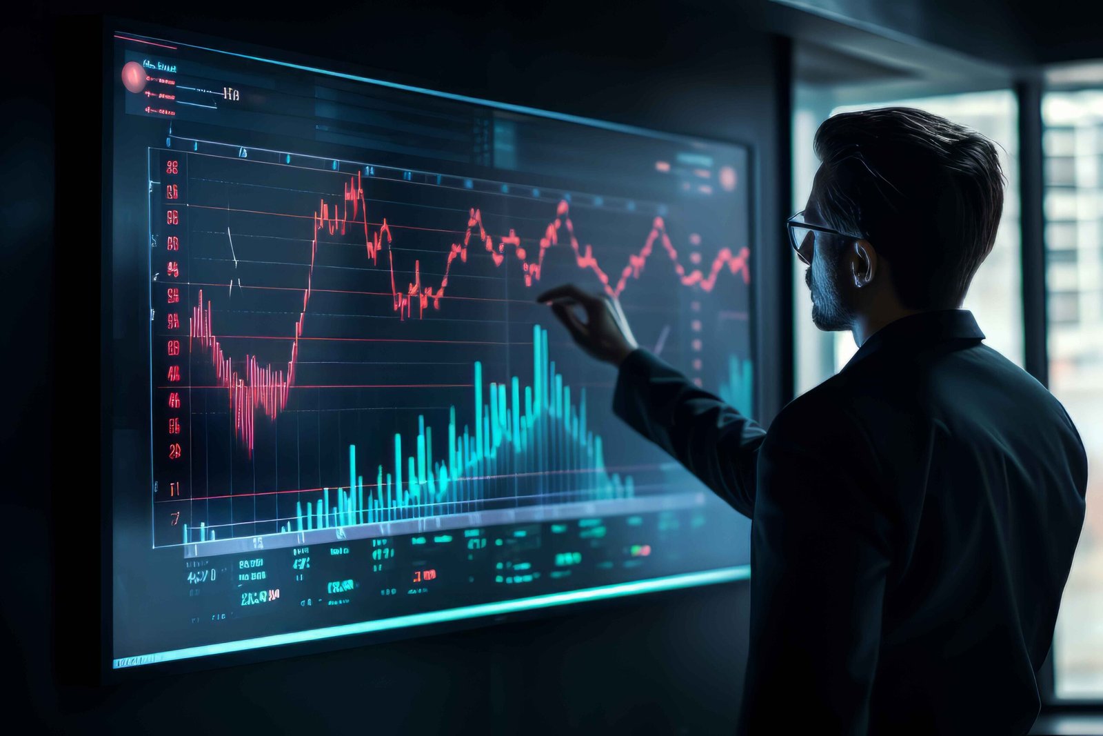 Business man interacting with futuristic digital graphics, analyzing data and financial trends on a transparent virtual interface.